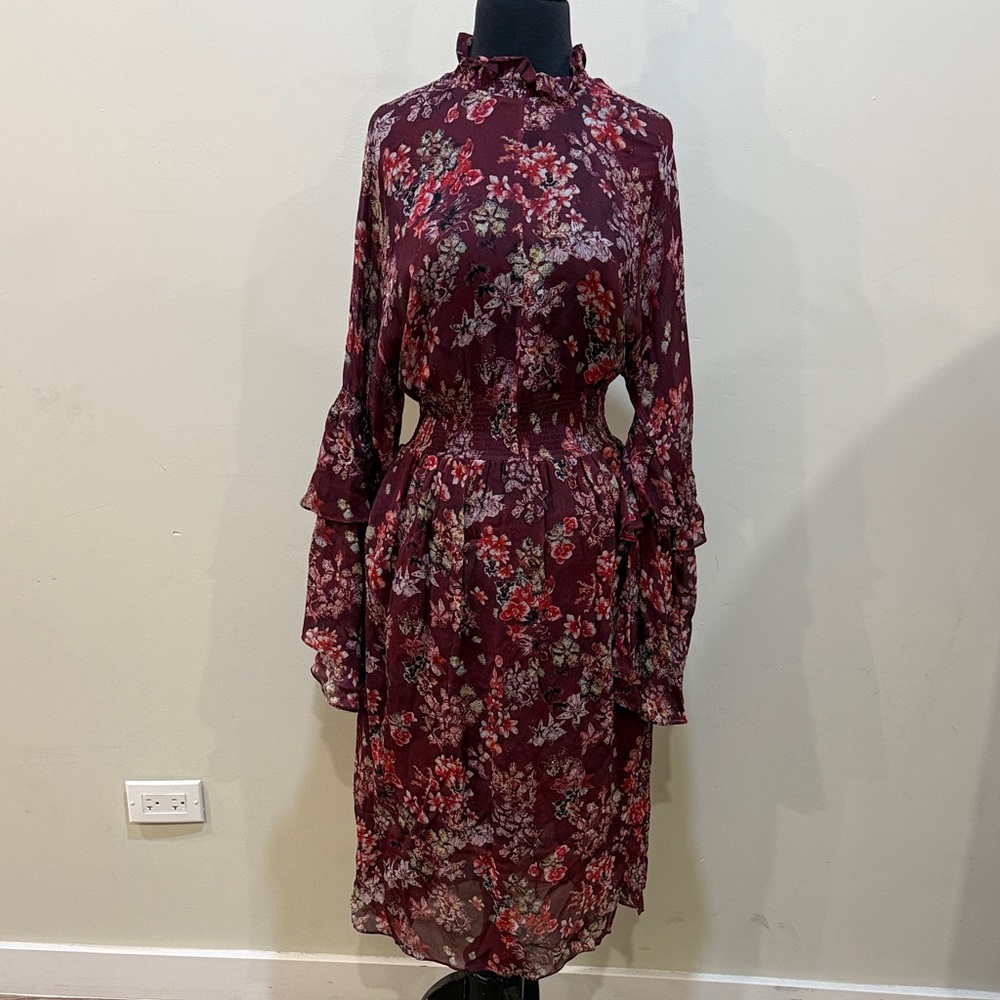 IRO floral print smocked georgette long bell sleeve ruffle midi dress size 36